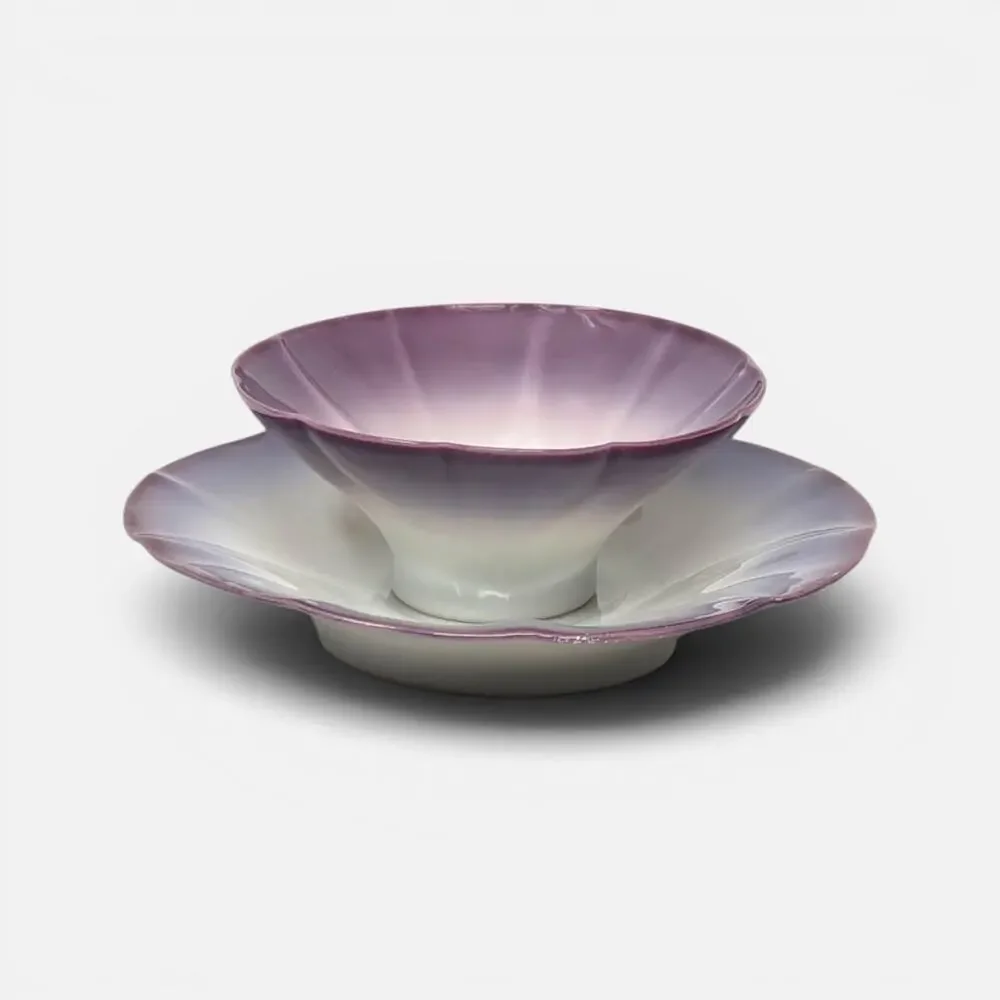 1920s Asian Porcelain Purple Ombre Fluted Condiment Dish Saucer Set